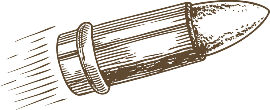 Retro bullet sketch illustration vintage hand drawn cartridge, ammunition, flying projectile, detailed ink drawing