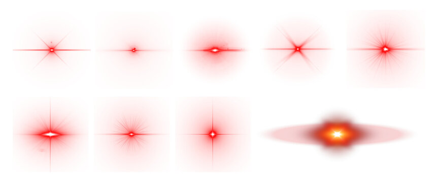 Red light effect reflections, neon illumination in red colors. Bright light lens. Police light effects, lines. Shiny stars, glowing sparks on a png background