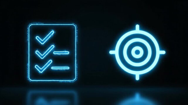 Neon checklist and target icon representing digital goals and cyber security strategy