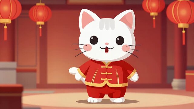Cheerful Cartoon Cat Wearing Traditional Chinese Red Outfit Dancing Indoors Under Lanterns Festive Animated Scene