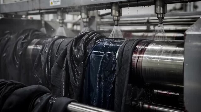 Medium shot highlighting deep dark shade fabrics being dyed in a highpressure jet dyeing machine emphasizing rich color absorption and even distribution.