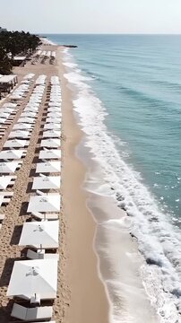 Long Rows of White Beach Umbrellas on Luxury Sandy Coastline