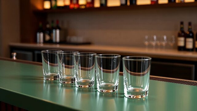 Five Clean Glass Tumblers Arranged Neatly On Green Bar Counter With Bartender Working Softly Blurred In Background Creating Calm Modern Cocktail Lounge Ambiance
