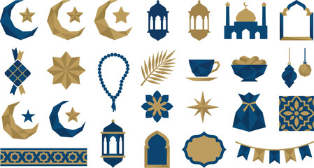 Collection of Islamic Symbols and Motifs in Blue and Gold Geometric Shapes and Designs