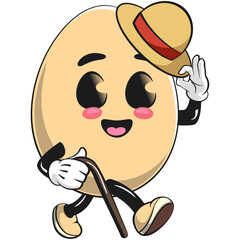 Obraz premium cute egg mascot character walk with a stick and saluting with raised hat, isolated vector illustration, work of hand drawn
