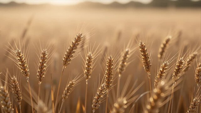 Golden Wheat Field Swaying Gently In Warm Sunlight During Sunrise Or Sunset Captured In Serene Natural Landscape Footage Ideal For Agricultural Or Tranquil Backgrounds