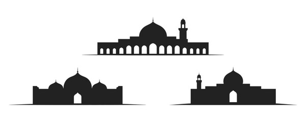 Islamic mosque silhouette set with domes and minarets Ramadan and Eid vector illustration. Wide panoramic mosque silhouette with repeating arches creating a traditional Islamic skyline atmosphere.