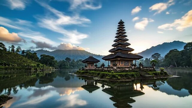 Sunrise at a temple in bali with mountains and fog in the background