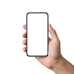 Hand holding a modern smartphone with a blank white screen isolated on a transparent background
