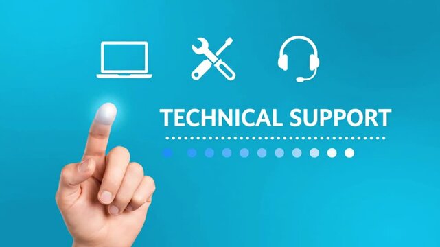 Finger touching a glowing icon representing technical support with laptop, wrench, and headset icons, symbolizing customer service.