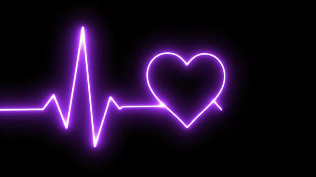 Purple Neon Heartbeat Line on Black Background, Medical ECG Pulse