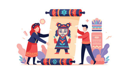 Man and woman in traditional ethnic costumes unroll a large decorated scroll displaying a cultural drawing of a figure.