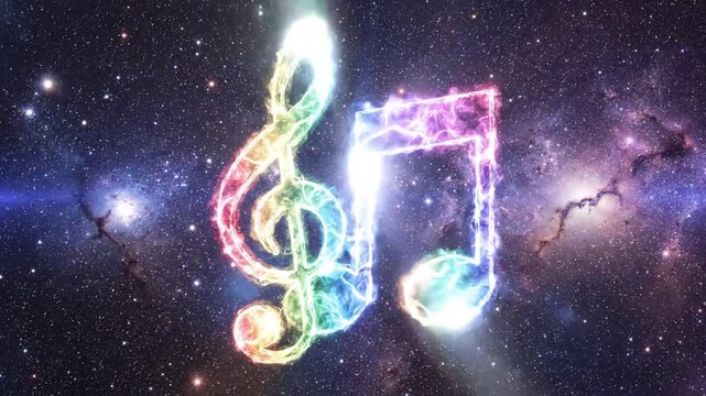 Rainbow musical notes and treble clef glowing in starry galaxy background