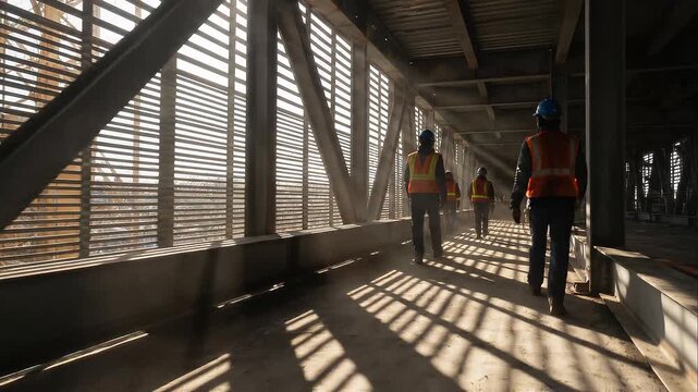 Construction workers walking inside modern industrial bridge structure with dramatic sunlight shadows and strong architectural lines