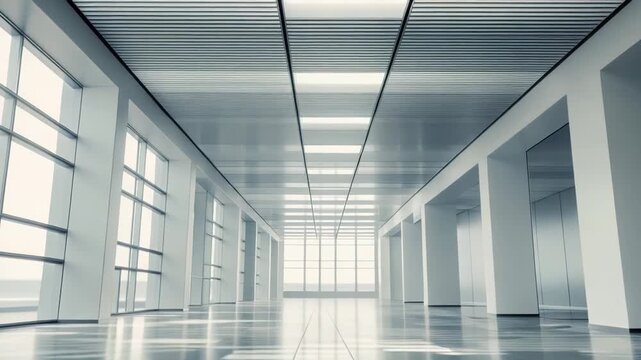 Modern architectural design forming a spacious, luminous corridor with large windows and a reflective floor, creating a sense of openness and forward movement through contemporary spaces