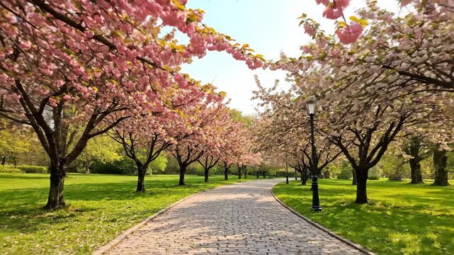 Beautiful park alley with blooming pink sakura trees in spring. A scenic cobblestone path winds through the green lawn under a canopy of cherry blossoms on a sunny day