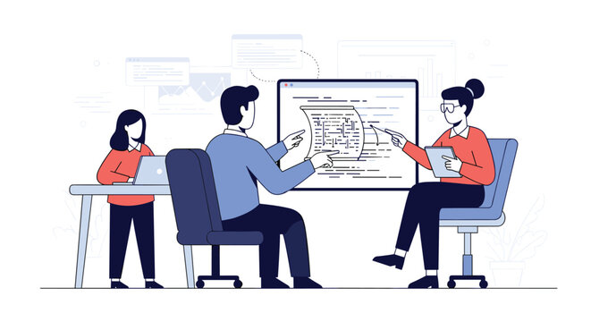 Team of software developers collaborates on a project, conducting a code review and discussing programming logic on a large screen in a modern office.