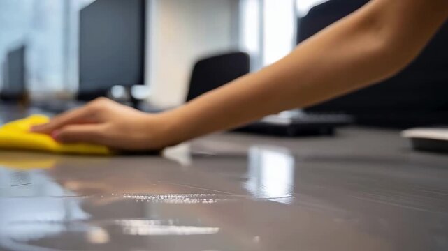 Medium shot of a person wiping down a shared office workstation with disinfectant focusing on teamwork and cleanliness in a collaborative workspace.