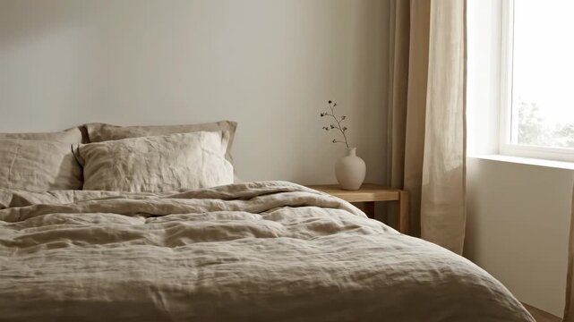 Cozy bedroom interior with a comfortable bed made with natural beige linen bedding. Minimalist home decor concept in a warm neutral palette with an empty wall for copy space