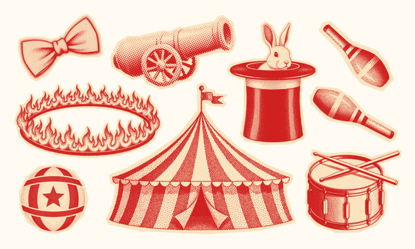 vintage circus collection with tent, cannon, ball, magic top hat with rabbit, fire hoop, and juggling props, set of retro halftone effect elements