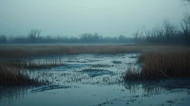 Misty marsh landscape with water reflecting the pale sky, featuring bare winter trees emerging from the fog and tall, dry reeds growing from the shallow water