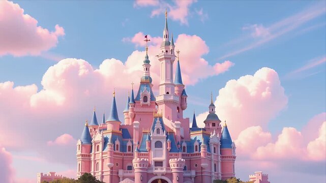Serene Pink Castle Under Pastel Sky With Fluffy Clouds Animated In Soft Dreamy Style Ideal For Fantasy Backgrounds