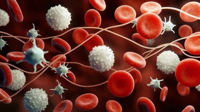 Bloodstream flow with red blood cells, white blood cells and platelets moving through a blood vessel