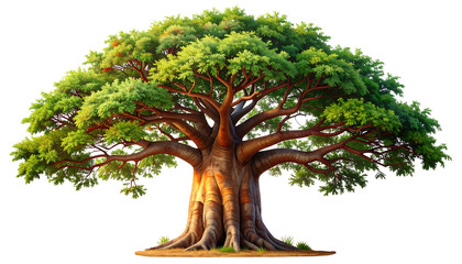 A majestic tree with sprawling branches and lush green leaves stands alone against a dark background