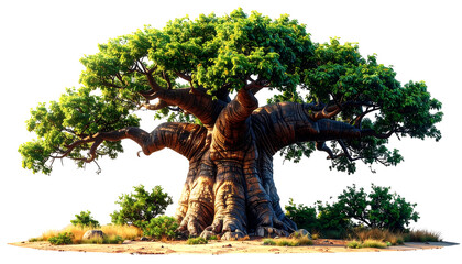 A majestic tree with a thick trunk and lush green leaves stands alone on a sandy patch against a dark background