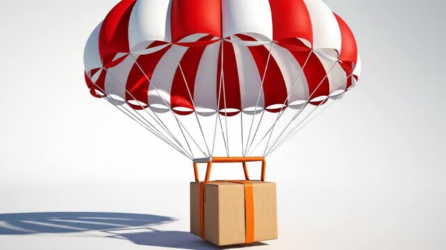 A red and white hot air balloon flying with a cardboard box attached to it in the air
