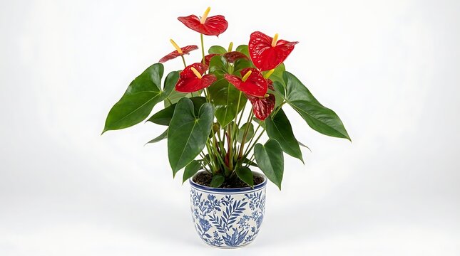 Vibrant Red Anthurium Plant in a Decorative Blue and White Pot.