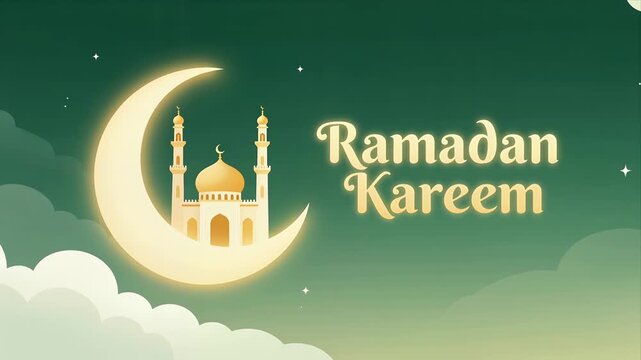 Serene Ramadan Kareem Greeting Featuring Mosque Silhouette Inside Crescent Moon Against Starry Sky Animated Background