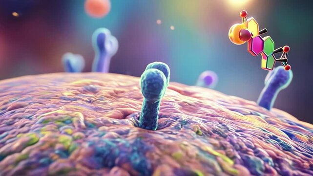 Hormone molecule binds to cell surface receptor on membrane, showing ligand docking and biochemical signaling action