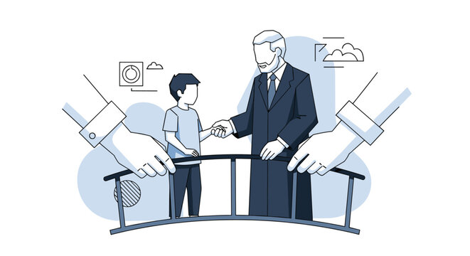 An older businessman shakes hands with a young person on a bridge, representing mentorship, generational transition, and the importance of guidance in a line art style.