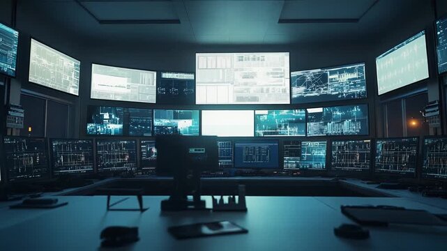 Data control room establishing a secure, state of the art surveillance and monitoring system with numerous digital screens displaying various graphs and information for real time analysis