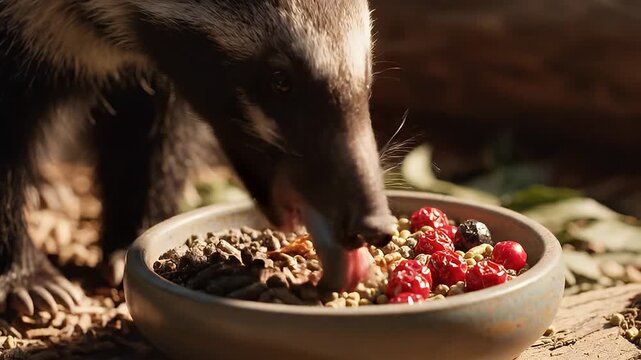 Dog feeding from bowl with kibble and berries in action.