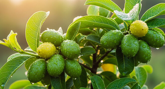 Macro view of green fruits with water droplets on glossy leaves. Natural sunlight highlighting freshness and organic farming concept.