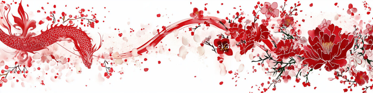 Red Chinese style illustration with white open space framed with elegant elements. 