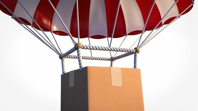 A cardboard box attached to a red and white striped parachute on a white background