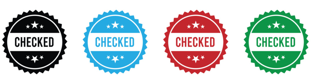 Set of checked stamp icons in black, blue, red, and green colors