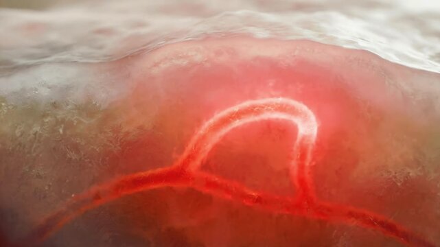 Medical animation of inflamed nerve under skin with glowing red irritation spreading along neural pathway