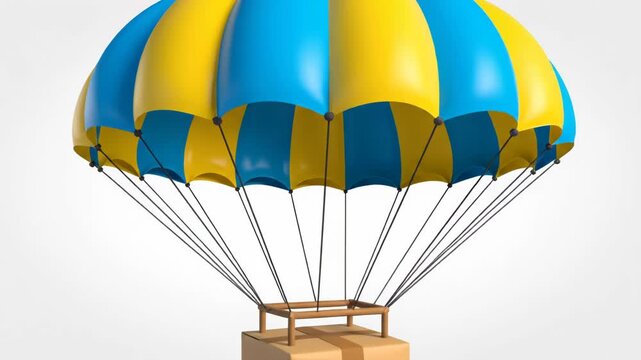 A cardboard box attached to a blue and yellow parachute, isolated on white background