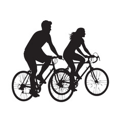 Fototapeta premium Two individuals, a man and a woman, depicted in silhouette riding bicycles side by side on a clean white background, showcasing outdoor activity and shared pursuit.