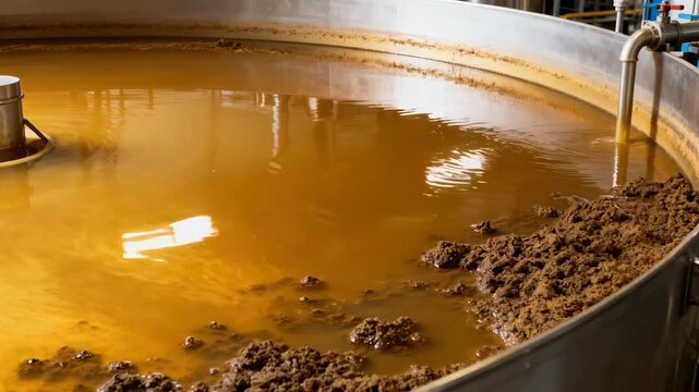 Medium shot of large circular tank filled with golden clarified juice as mud particles settle showcasing industrial beverage purification in active processing.