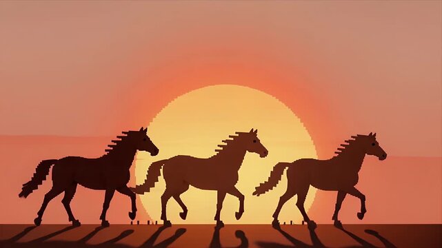 Three Horses Galloping Side By Side Against A Warm Orange Sunset Sky In Pixel Art Silhouette Style Ideal For Backgrounds