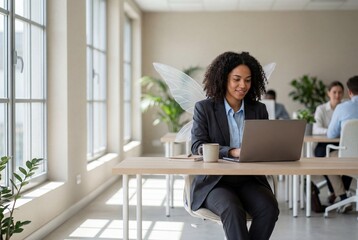 Professional black woman working on laptop in modern office space  