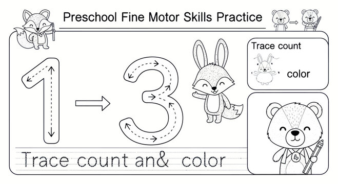 Preschool Number Tracing Worksheet 1-3 | Fine Motor Skills Practice for Kids | Educational Counting & Coloring Activity Page | Learning Numbers One and Three | Animal Theme Math Exercise