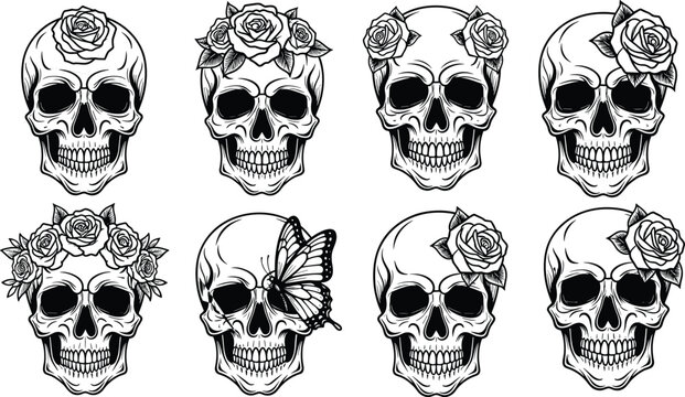 Set of vintage skull illustrations with roses and butterfly, black and white tattoo style vector collection isolated on white background for Halloween design