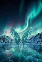 Ice wings illuminated by northern lights in winter landscape  