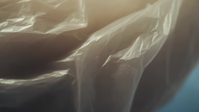 Crumpled translucent plastic sheet forming abstract textured background, close up highlighting pollution, single use waste and recycling issues with light, shadow and subtle neutral tones